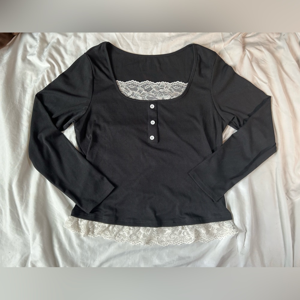 Long sleeve button up with lace trim
